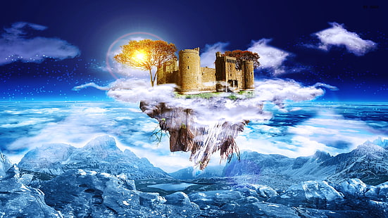 isla flotante, arte digital, arte de fantasía, arquitectura, castillo, isla flotante, montañas, rocas, árboles, lago, nubes, luz solar, raíces, Fondo de pantalla HD HD wallpaper