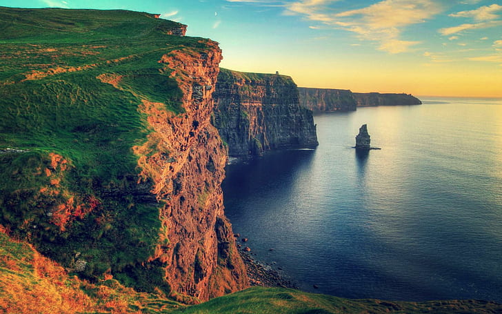 水日没風景自然岩アイルランド崖モハー海海岸線水景ベスト、海-海、最高、崖、アイルランド、風景、モハー、自然、岩、海岸線、夕日、水、水景、 HDデスクトップの壁紙