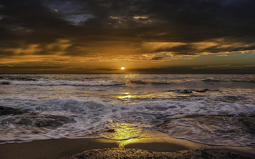 Sea, beach, waves, sunrise, clouds, Sea, Beach, Waves, Sunrise, Clouds, HD wallpaper HD wallpaper