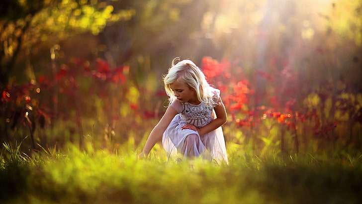 biała sukienka dziewczynki, dzieci, fotografia, Jake Olson, mała dziewczynka, na zewnątrz, blondynka, Tapety HD