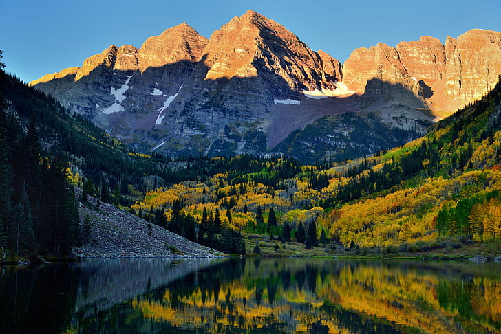 mountain near body of water and tall trees at daytime, maroon bells, maroon bells, Dawn, Sunlight, Maroon Bells, mountain, body of water, tall, daytime, Aspen, Blue Skies, Capture, NX2, Edited, Color, Pro  Day, Day 7, Elk Mountains, Evergreen, Hillside, Trees, Lake, Reflections, Water, SW, Maroon Bells–Snowmass Wilderness, Creek, valley, Maroon Peak, Mountains, Distance, Nature, Sunrise, Nikon D800E, North Maroon Peak, Glass, Windows, Sleeping, Sexton, Peaks, White River National Forest, Yellow, Leaves, Colorado, United States, autumn, landscape, scenics, forest, outdoors, tree, beauty In Nature, rock - Object, reflection, HD wallpaper