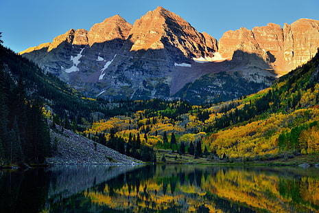 mountain near body of water and tall trees at daytime, maroon bells, maroon bells, Dawn, Sunlight, Maroon Bells, mountain, body of water, tall, daytime, Aspen, Blue Skies, Capture, NX2, Edited, Color, Pro  Day, Day 7, Elk Mountains, Evergreen, Hillside, Trees, Lake, Reflections, Water, SW, Maroon Bells–Snowmass Wilderness, Creek, valley, Maroon Peak, Mountains, Distance, Nature, Sunrise, Nikon D800E, North Maroon Peak, Glass, Windows, Sleeping, Sexton, Peaks, White River National Forest, Yellow, Leaves, Colorado, United States, autumn, landscape, scenics, forest, outdoors, tree, beauty In Nature, rock - Object, reflection, HD wallpaper HD wallpaper