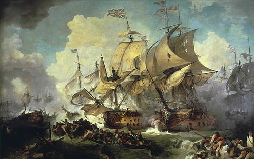 британский флаг, классическое искусство, лодка, корабль, морские сражения, живопись, битва, облака, HD обои HD wallpaper