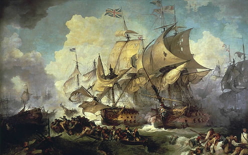 pintura, batalha, arte clássica, navio, barco, nuvens, bandeira britânica, batalhas navais, HD papel de parede HD wallpaper