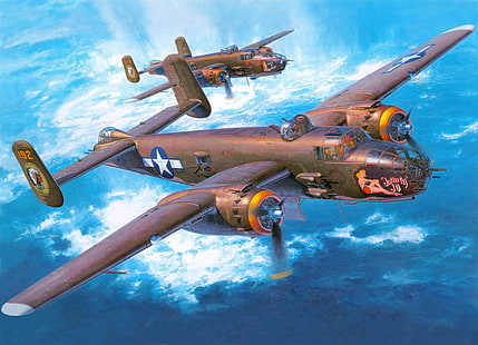 pesawat, seni, bomber, aksi, Amerika Utara, mesin ganda, rata-rata, WW2., logam, empat kali lipat, sedang, B-25J, Mitchell, radius, Wallpaper HD HD wallpaper