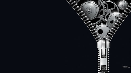 Zip Techno, technisch, abstrakt, Zahnräder, silber, mechanisch, schwarz-weiß, Reißverschluss, Zahnräder, Glanz, HD-Hintergrundbild HD wallpaper