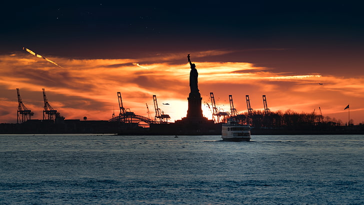 Статуя на свободата, статуя на свободата, Ню Йорк, ферибот, Боби Гошал, залез, HD тапет