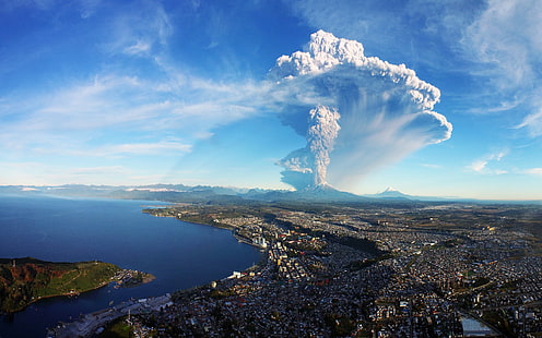 Вулкан Кальбуко, Пуэрто-Монт, Чили, голубое небо, Вулкан Кальбуко, Пуэрто-Монт, Чили, панорама, город, извержение вулкана, HD обои HD wallpaper