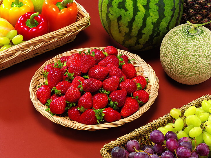 basket of strawberries, berries, watermelon, strawberry, grapes, fruit, still life, vegetables, melon, paprika, HD wallpaper