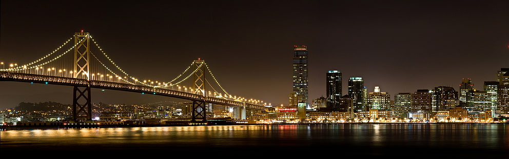 Ponte do Brooklyn, cidade, ponte, luzes, noite, reflexão, exibição múltipla, monitores duplos, HD papel de parede HD wallpaper