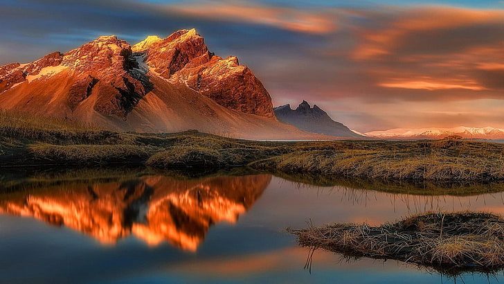 отражение, вестрахорн, исландия, пустыня, гора, рассвет, горные рельефы, горная местность, утро, национальный парк, озеро, пейзаж, холм, отражение, формирование, небо, HD обои