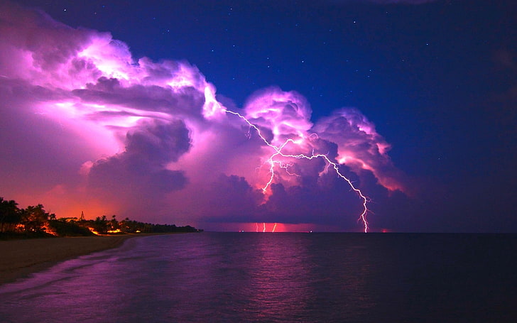 purple lightning, lightning, elements, coast, night, stars, clouds, clearly, sky, HD wallpaper
