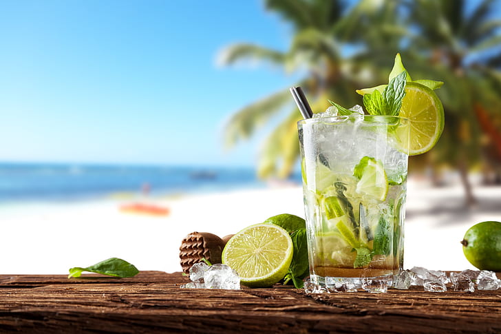 cóctel, verano, playa, fresco, mar, paraíso, bebida, limón, mojito, vacaciones, menta, tropical, Fondo de pantalla HD