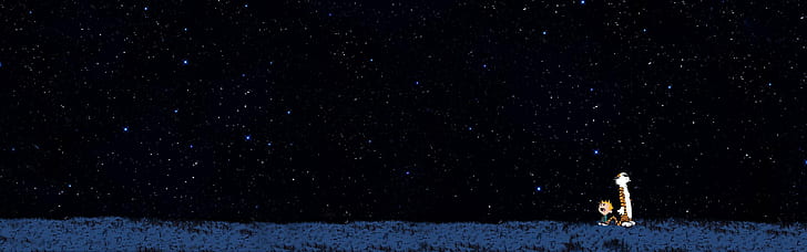 Кельвин и Гоббс, несколько дисплеев, простой фон, звездная ночь, звезды, HD обои