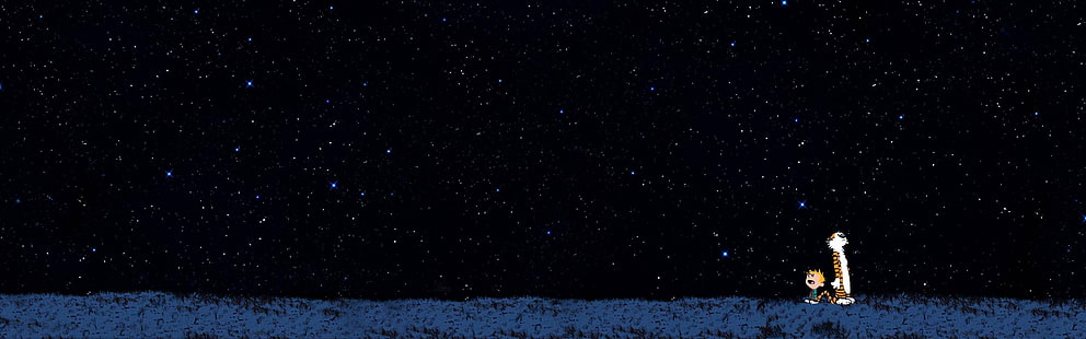 Кельвин и Гоббс, несколько дисплеев, простой фон, звездная ночь, звезды, HD обои HD wallpaper