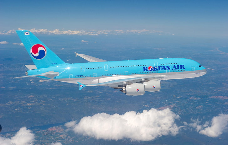 синьо и бяло корейски въздушен пътнически самолет, небето, облаци, полет, небе, A380, самолетът, Airbus, самолет, Korean Air, HD тапет
