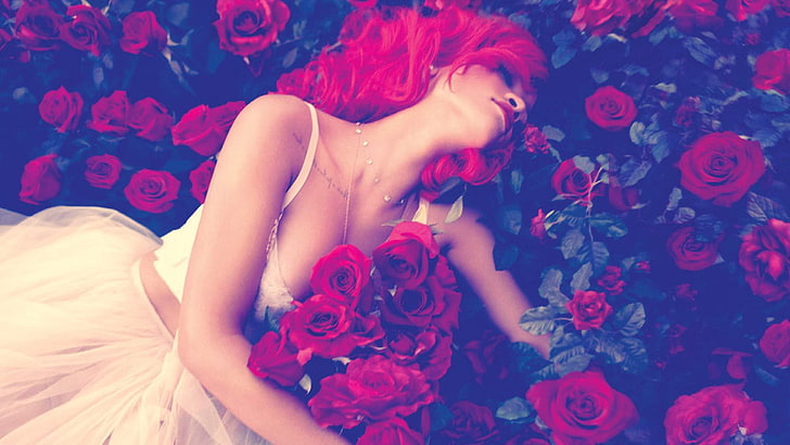 woman lying on rose flowers wallpaper, roses, tattoo, singer, Rihanna, HD wallpaper