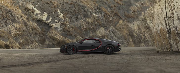 Buggati, Bugatti Chiron, autos negros, Hypercar, pared de rocas, Fondo de pantalla HD