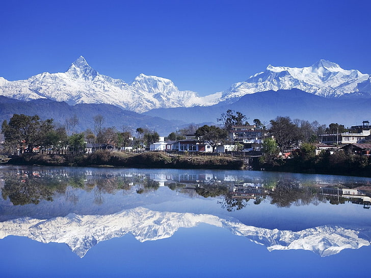 Nepal, Pokhara, Phewa Tal, göl, Himalayalar, Ghandruk, dağlar, yansıma, manzara, HD masaüstü duvar kağıdı
