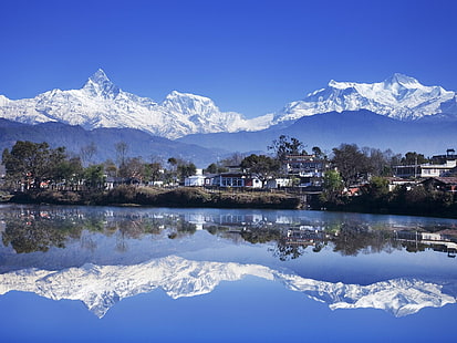 Nepal, Pokhara, Phewa Tal, lago, Himalaya, Ghandruk, montañas, reflexión, paisaje, Fondo de pantalla HD HD wallpaper
