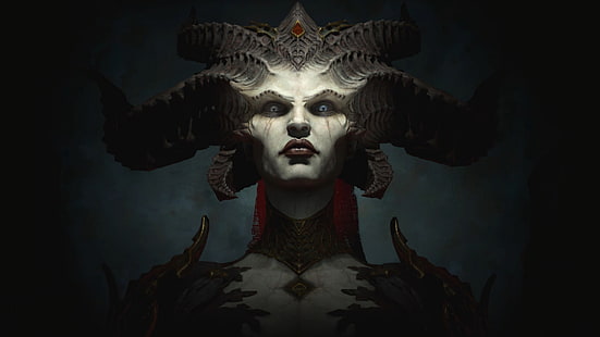  digital art, artwork, video games, Diablo, diablo iv, diablo 4, Lilith (Diablo), horns, looking at viewer, blue eyes, HD wallpaper HD wallpaper