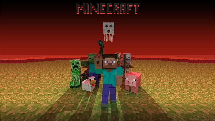 Minecraft wallpaper, video games, Minecraft, creeper, spider, chickens, pigs, skeleton, HD wallpaper