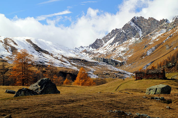 snow covered mountain during daytime, valle, champorcher, valle, champorcher, Autumn, Valle, Champorcher, snow, covered, mountain, daytime, Col, Mont Avic, Parco, Naturale, Tamron, Valle d'Aosta, Alps, Alpi, Canon EOS 550D, Canon 550D, Gran Paradiso, pylon, pylons, Super, Phénix, nuclear power station, nuclear power plant, f/3, Di, II, VC, nature, landscape, scenics, outdoors, mountain Peak, rock - Object, beauty In Nature, HD wallpaper