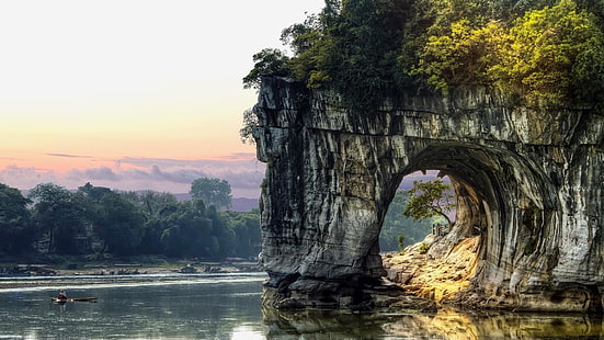 rock, river, elephant trunk hill, hill, guilin, china, asia, guangxi, li river, amazing, arch, HD wallpaper HD wallpaper