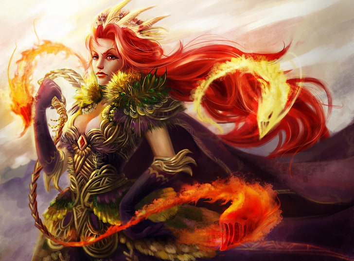 female character digital wallpaper, girl, fire, magic, monsters, creatures, red, whip, HD wallpaper