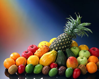 фрукты много, фрукты, экзотика, ананас, яблоко, авокадо, киви, HD обои HD wallpaper