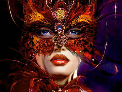 Dziewczyna z piórami biżuterii, pomarańczowa i żółta maska ​​maskująca, Dziewczyna, Pióro, Maska, Tapety HD HD wallpaper