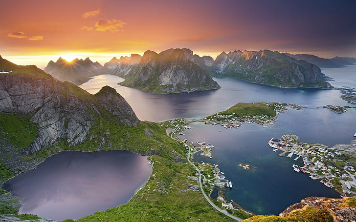 Норвегия, Лофотен, острови, водно тяло и остров, Норвегия, острови, Лофотен, HD тапет