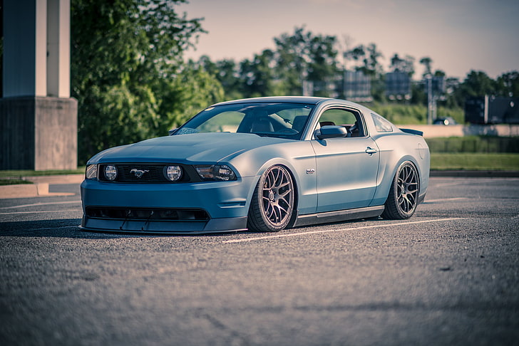 blue Ford Mustang coupe, Ford Mustang, muscle cars, tuning, car, vehicle, blue cars, HD wallpaper