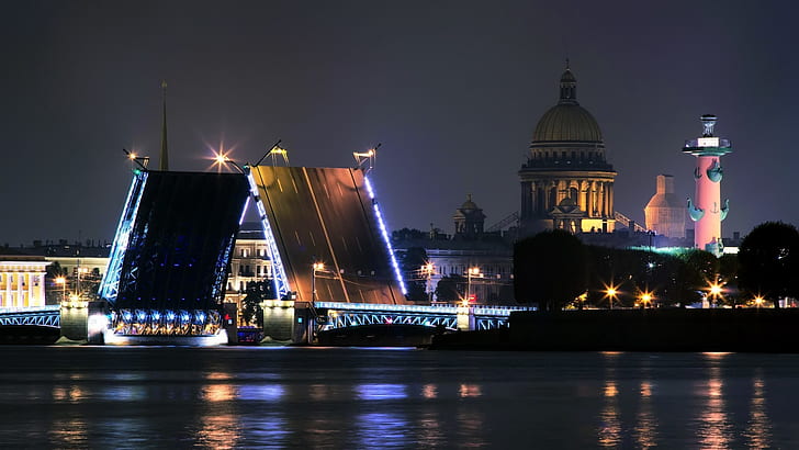 St. Petersburg, Russia, river, bridge, night, city, lights, Petersburg, Russia, River, Bridge, Night, City, Lights, HD wallpaper