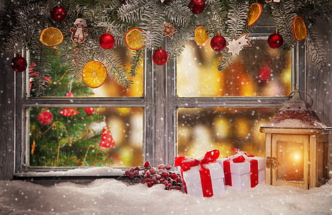 brown lantern lamp, winter, snow, decoration, New Year, window, Christmas, gifts, Merry Christmas, Xmas, lantern, HD wallpaper HD wallpaper