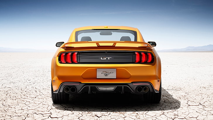 ford mustang gt, back view, orange, muscle, cars, Vehicle, HD wallpaper