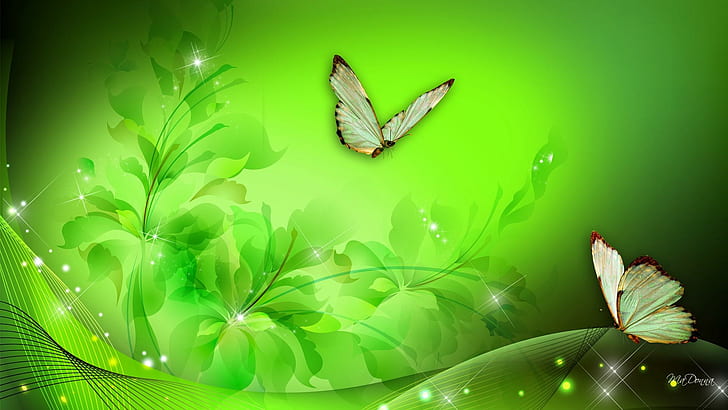Fantaisie florale verte, papillons blancs et bruns avec fond d'écran vert, saint patricks day, irlande, irlandais, papillon, floral, fleurs, papillons, vert, fleurs, abst, Fond d'écran HD