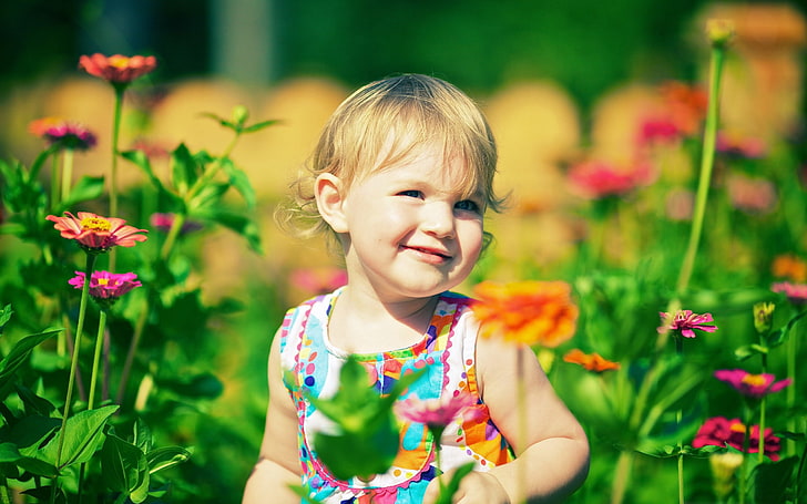quinn amongst the zinnia flowers-cute HD wallpaper, girl's blue and pink sleeveless dress, HD wallpaper