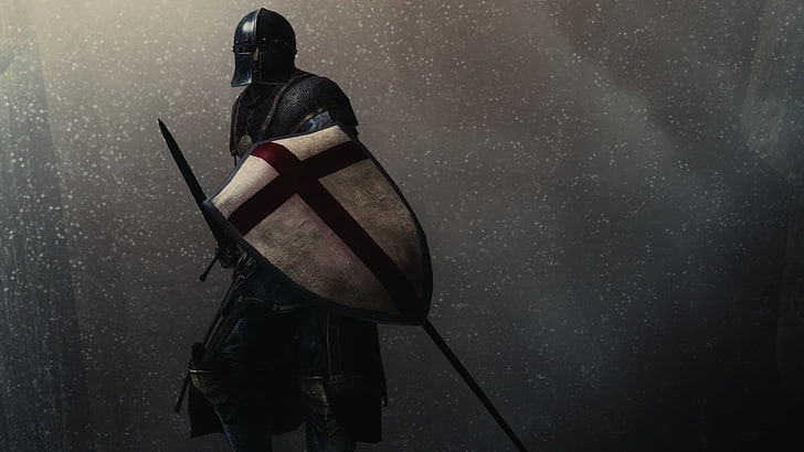 гладиатор держит меч и щит цифровые обои, рендеринг, фон, меч, доспехи, воин, шлем, щит, HD обои