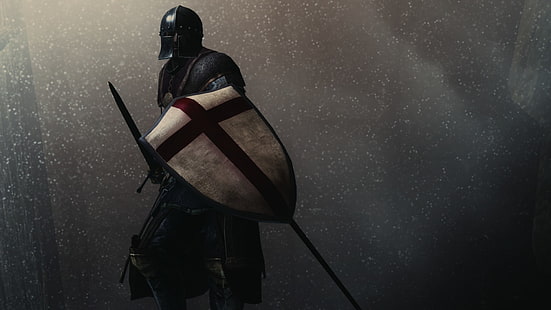 гладиатор держит меч и щит цифровые обои, рендеринг, фон, меч, доспехи, воин, шлем, щит, HD обои HD wallpaper
