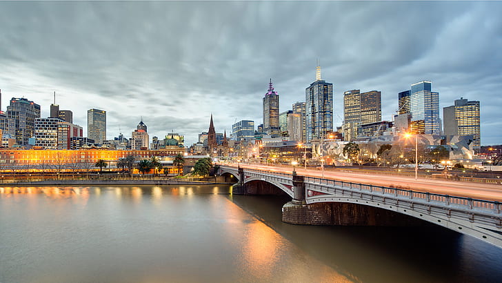 Princes Bridge On Yarra River Melbourne City Blue Hour Panorama Melbourne Australia Ultra Hd Wallpapers And Laptop 3840 × 2160, HD тапет