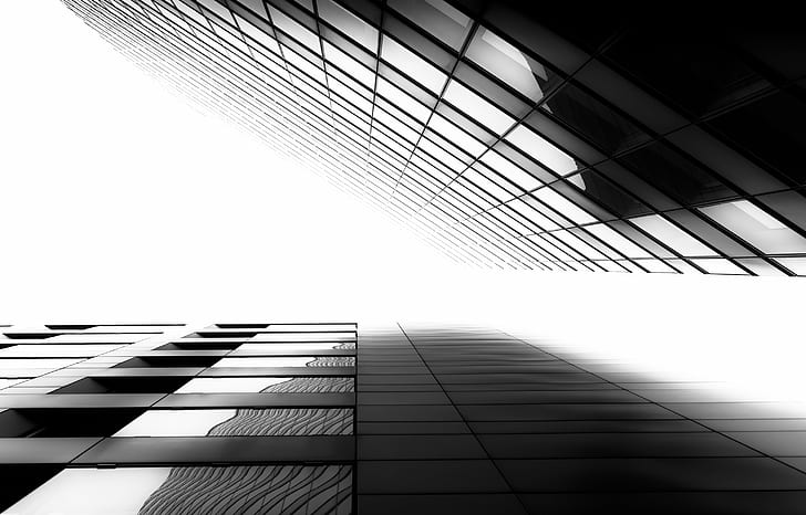 grayscale low angle photography of concrete high-rise building, Homage, shapes, grayscale, low angle, photography, concrete, high-rise building, Cologne, bandw, graphic, urban, reflections, Mediapark, architecture, modern, abstract, backgrounds, illustration, built Structure, reflection, window, pattern, HD wallpaper