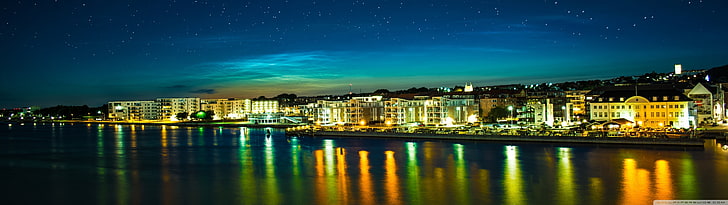 weißes Gebäude, Stadtbild, Stadt, Nacht, Wasser, Sterne, HD-Hintergrundbild