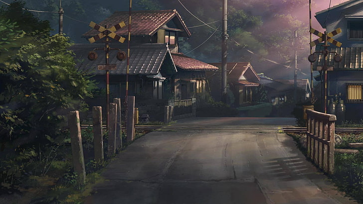 Mehrere Häuser in der Nähe von Eisenbahngeländern digitale Tapete, Kinder, die verlorene Stimmen jagen, Kunstwerk, Japan, Straße, Bahnübergang, Zeichnung, Anime, Dorf, HD-Hintergrundbild