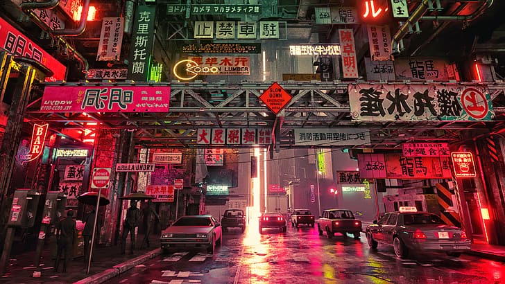 neon, lampu neon, malam, perkotaan, pemandangan kota, kota, jalan, Wallpaper HD