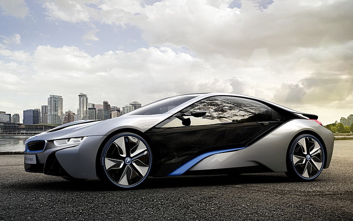 silver and black BMW i8 coupe, bmw, i8, concept, car, dark, HD wallpaper