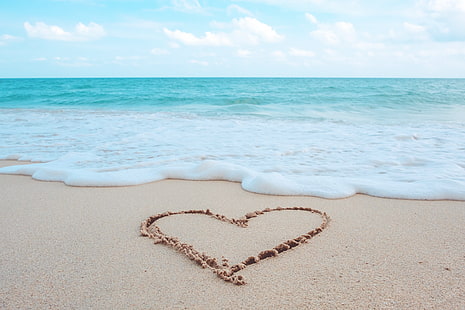 砂、海、波、ビーチ、夏、愛、心、ロマンチック、 HDデスクトップの壁紙 HD wallpaper