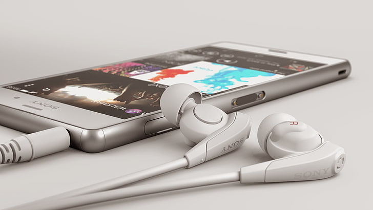 putih Samsung Android smartphone dan earphone putih, Sony, White, Headphones, 2014, Xperia, Smartphone, Wallpaper HD