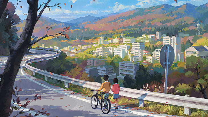 digital art, anime, cartoon, city, road, bicycle, couple, people, mountains, road sign, walking, HD wallpaper