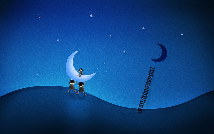 Stole the moon, three people and crescent moon illustration, moon, stole, HD wallpaper